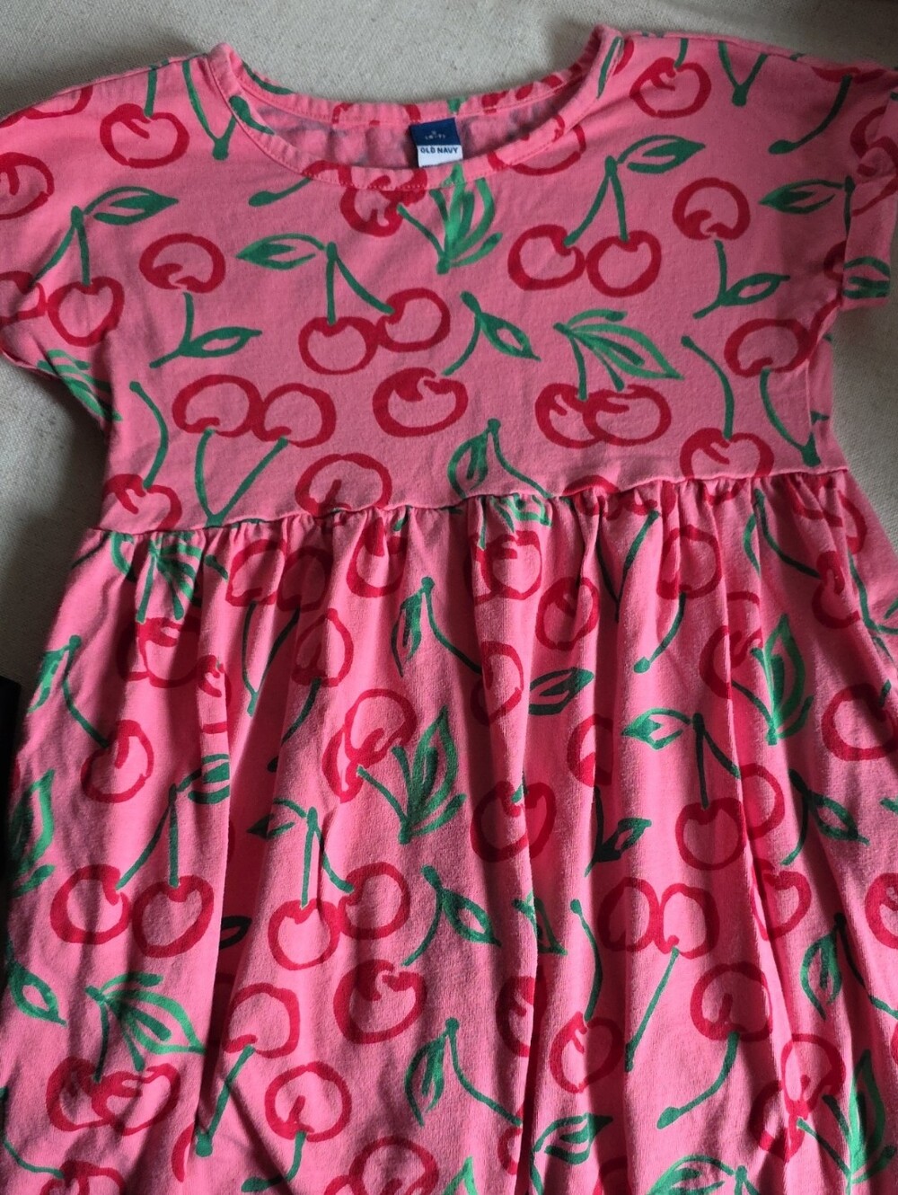 Girl:Old Navy Pink Cherry-Print Dress W/ Hugh Rise Black Biker Shorts: Size 6-7